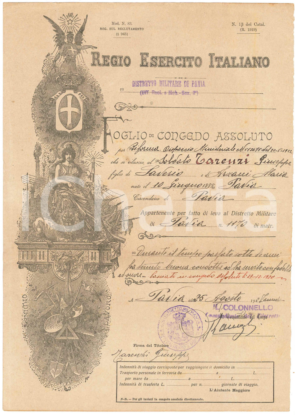 1927 REGIO ESERCITO - PAVIA Congedo assoluto Soldato Giuseppe TARENZI