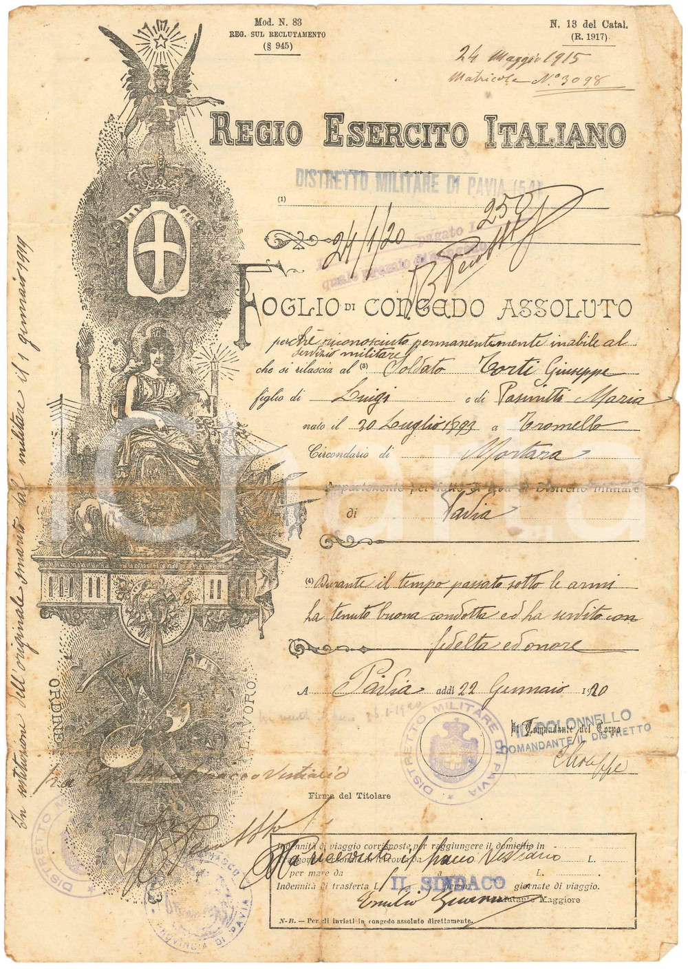 1920 REGIO ESERCITO - PAVIA Congedo assoluto Soldato Giuseppe TORTI