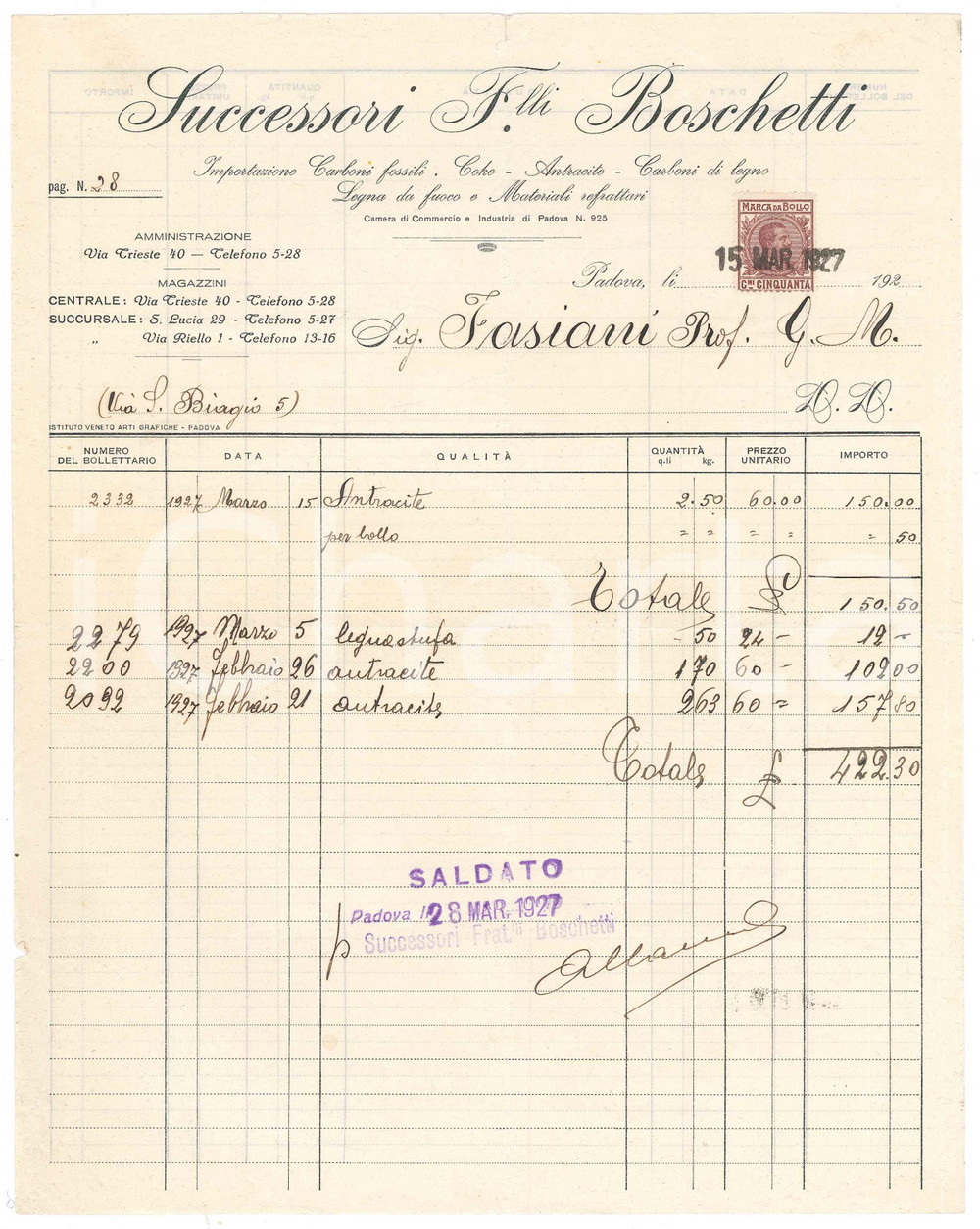 Documento originale, autentico 1927 PADOVA Via Trieste  Successori F.LLI BOSCHETTI Carboni fossili Fattura 1