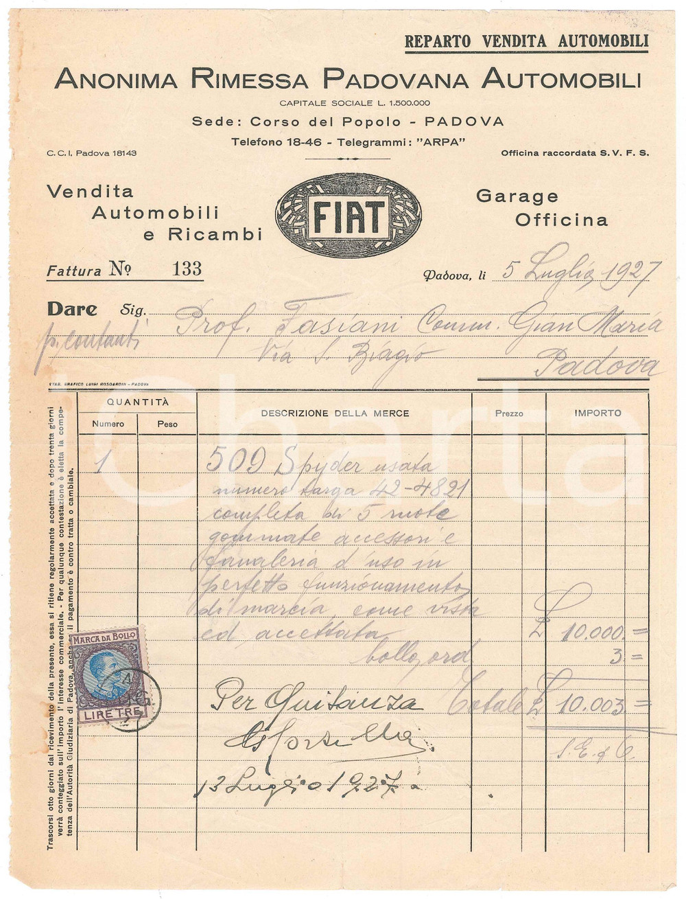 Documento originale, autentico 1927 PADOVA Anonima Rimessa Padovana Automobili Fattura FIAT 500 spider 1