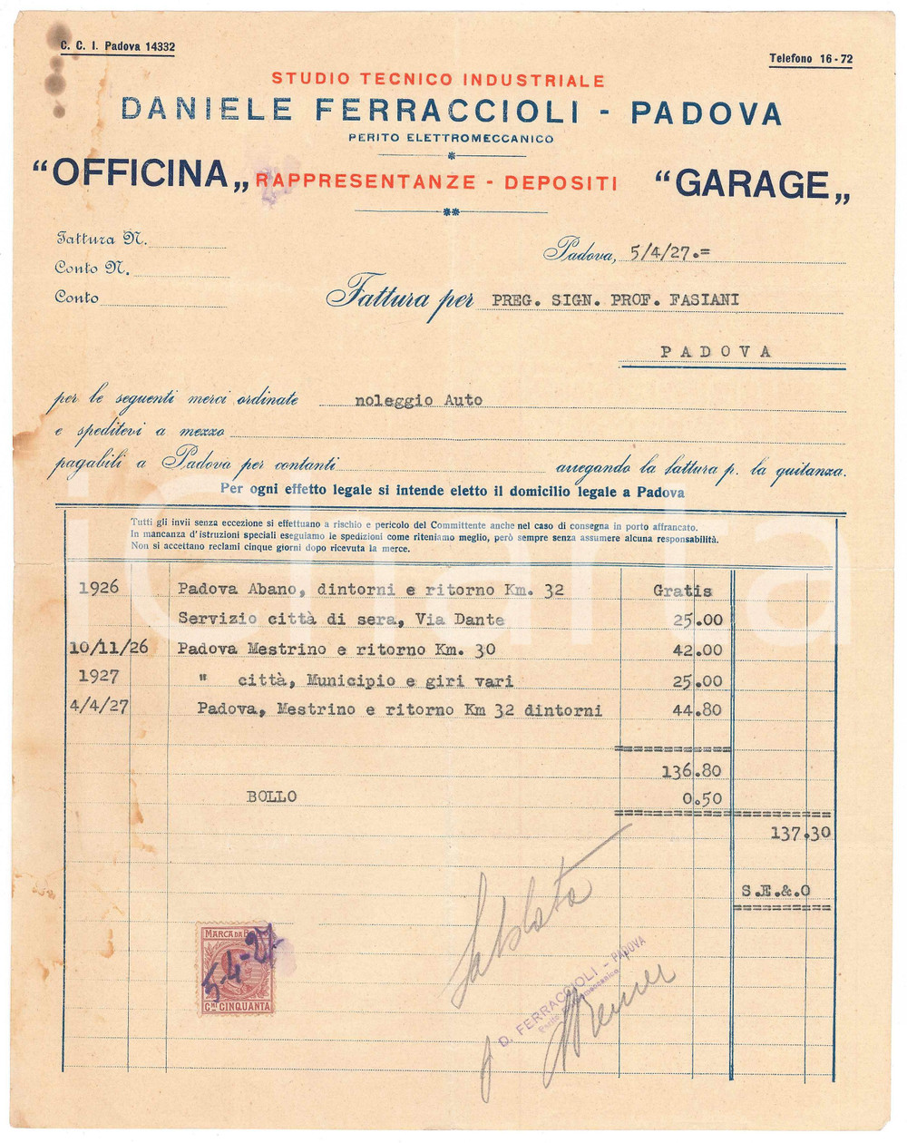 1927 PADOVA Studio Tecnico Daniele FERRACCIOLI - Officina garage *Fattura
