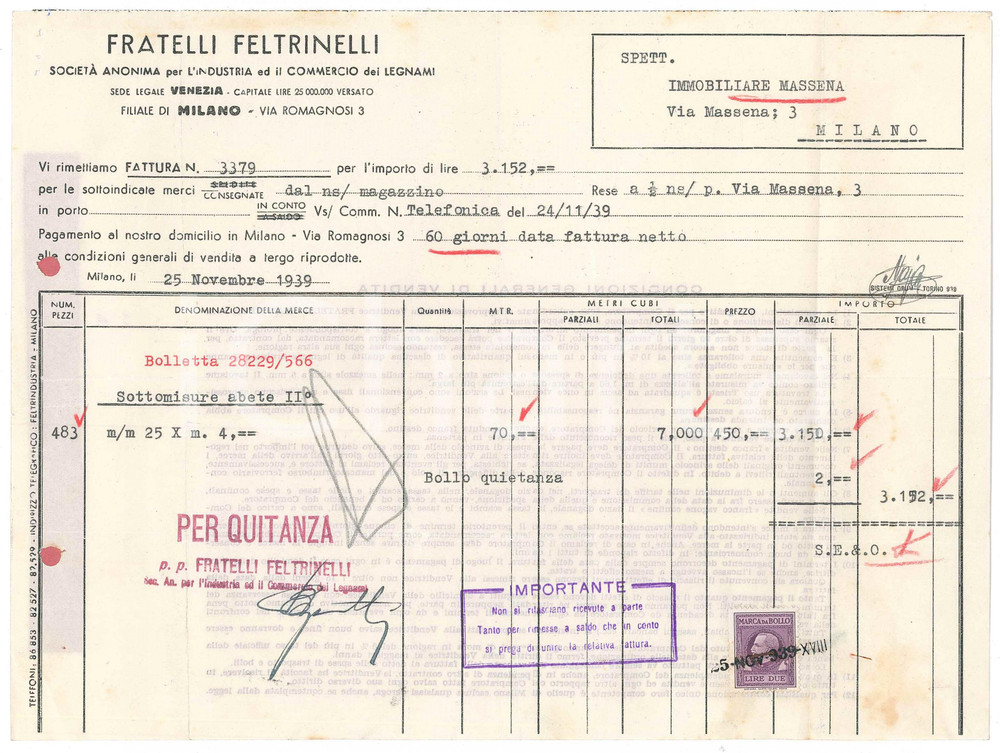 1939 MILANO Via Romagnosi - Fratelli Feltrinelli - Commercio legnami *Fattura