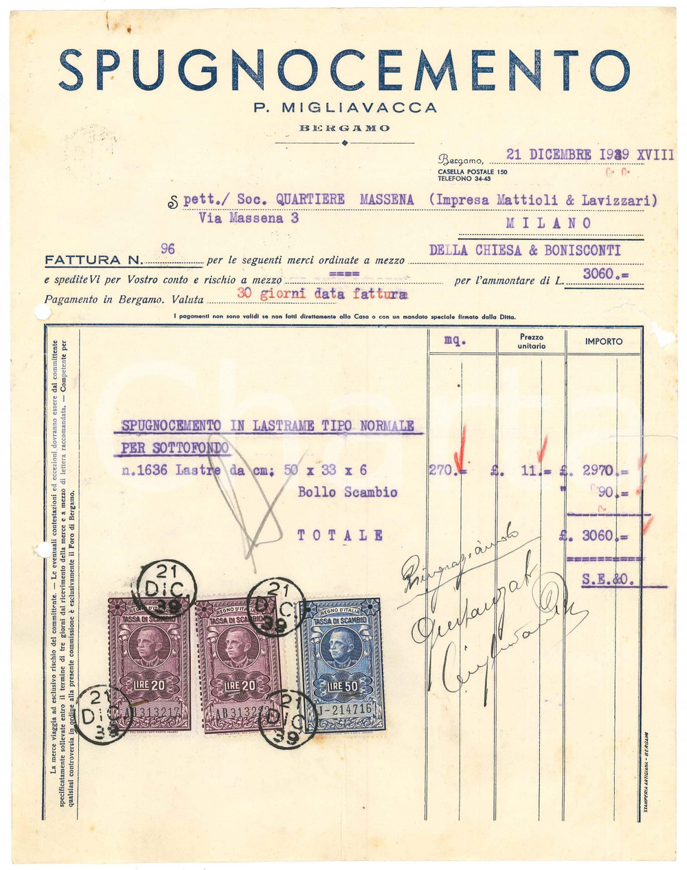 Documento originale, autentico 1939 BERGAMO  SPUGNOCEMENTO P. Migliavacca  Fattura 1