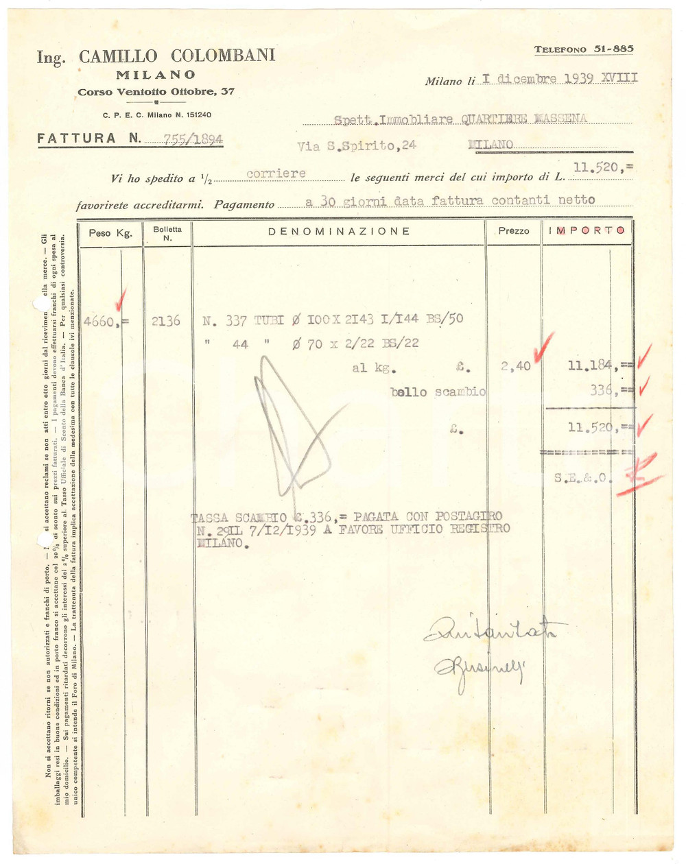 Documento originale, autentico 1939 MILANO Corso 28 Ottobre  Ing. Camillo COLOMBANI  Fattura per tubi 1