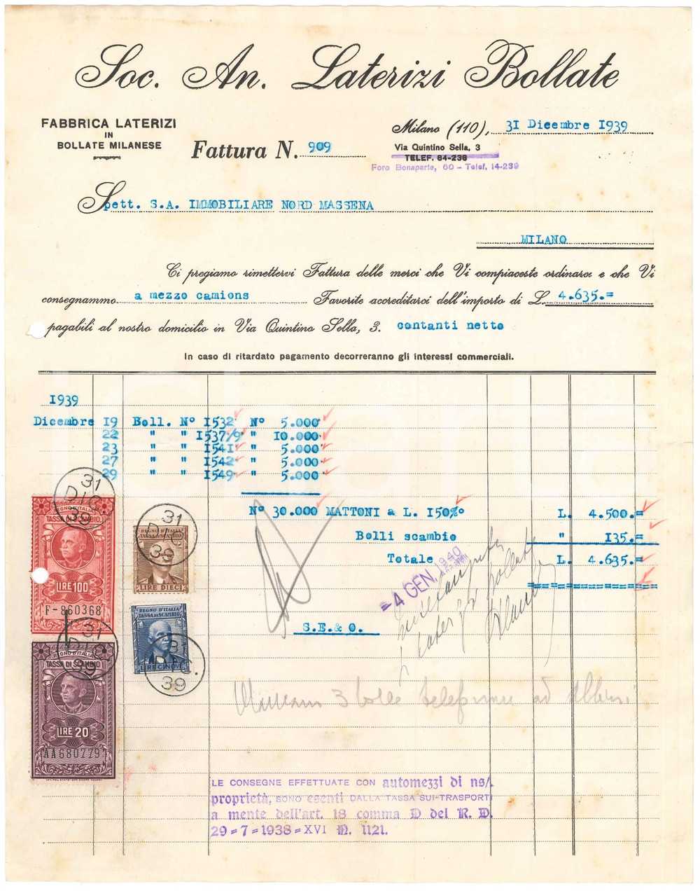 1939 MILANO via Quintino Sella - Soc. An. Laterizi BOLLATE - Fattura 2 Fattura d'epoca dattiloscritta, su carta intestata.PAGINE: 1 POOR/danneggiato piegature d'epoca; fori da classificatore; fioriture  originale e autentica 1