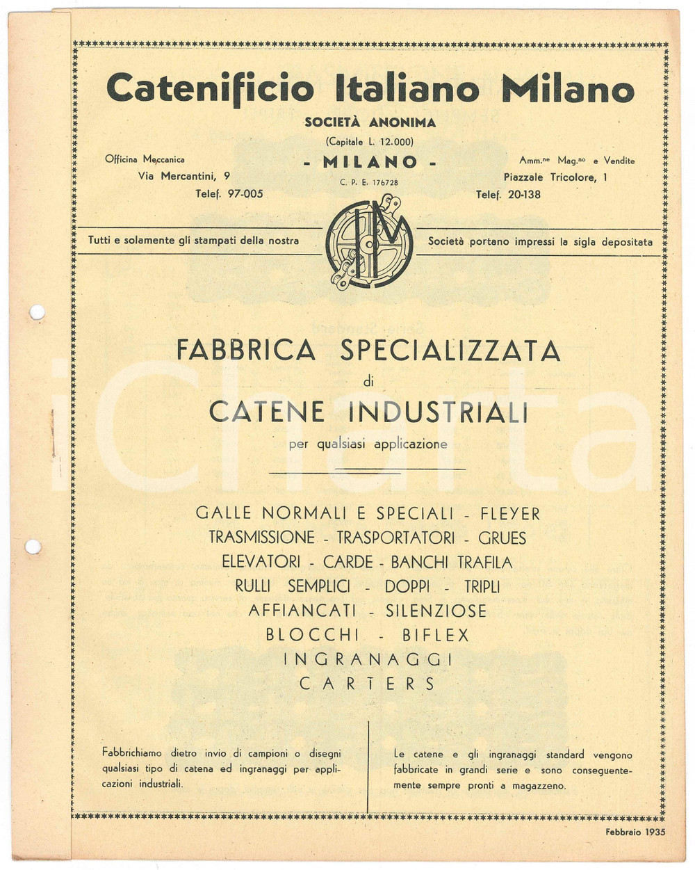 Materiale pubblicitario d’epoca 1935 MILANO CATENIFICIO ITALIANO  Fabbrica catene industriali  Pubblicazione 1