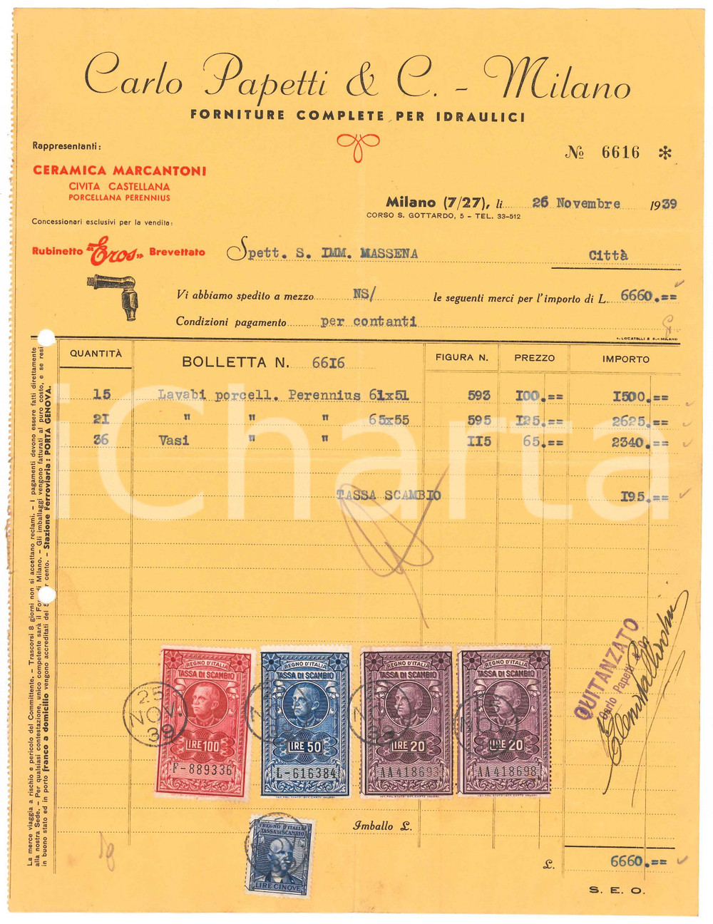 Documento originale, autentico 1939 MILANO corso S. Gottardo  Carlo PAPETTI Forniture idraulici  Fattura 1