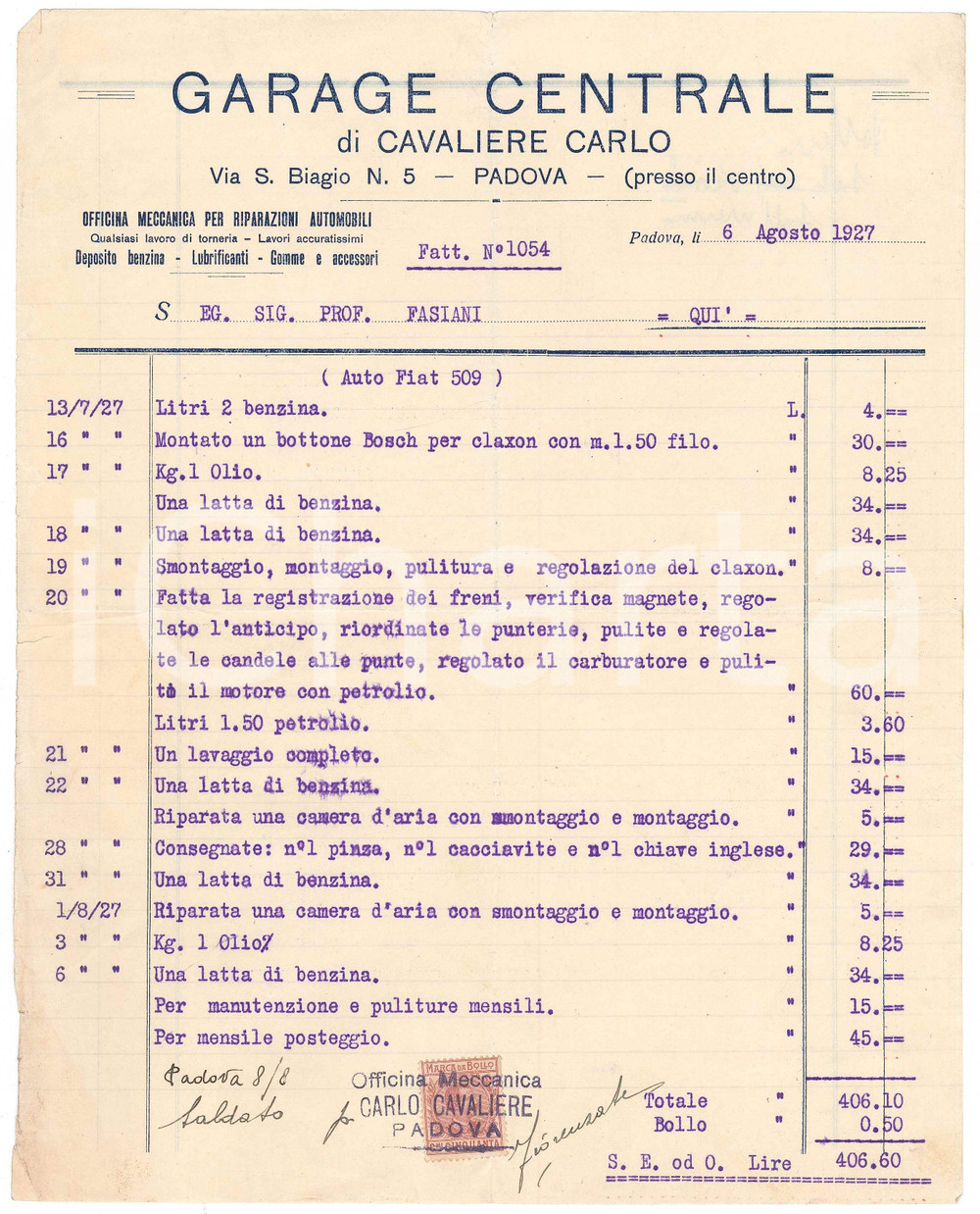Documento originale, autentico 1927 PADOVA Via S. Biagio  GARAGE CENTRALE Carlo CAVALIERE  Fattura FIAT 509 1