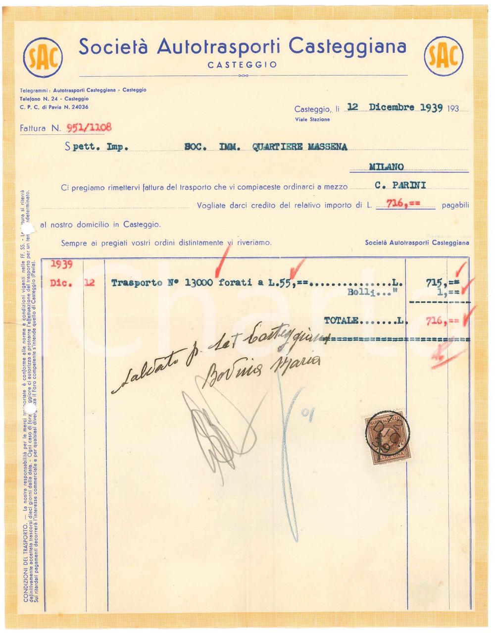 1939 CASTEGGIO Società Autotrasporti Casteggiana - Fattura trasporto forati