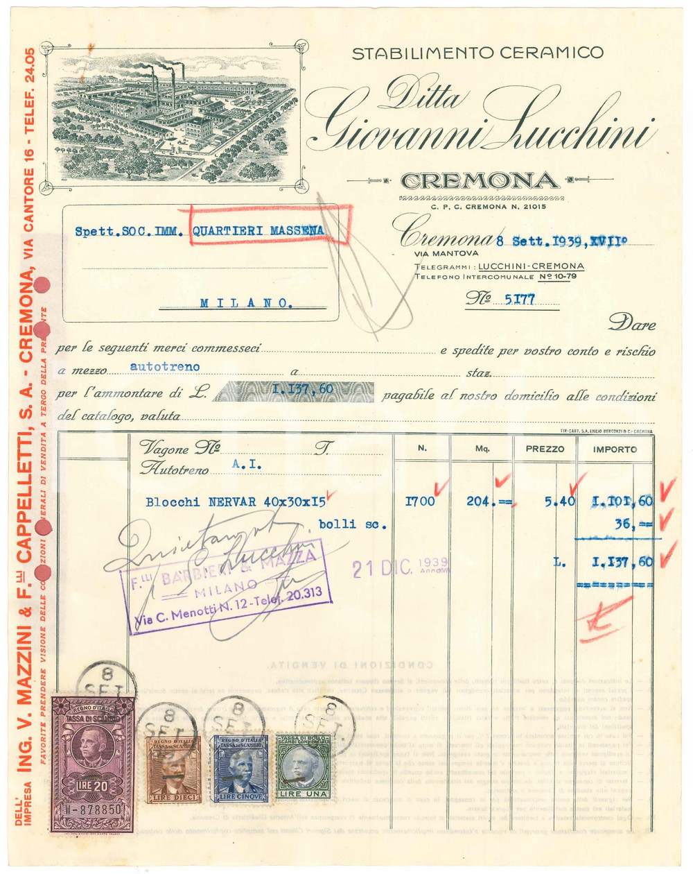 Documento originale, autentico 1939 CREMONA Ditta Giovanni LUCCHINI Stabilimento Ceramico  Fattura NERVAR 1