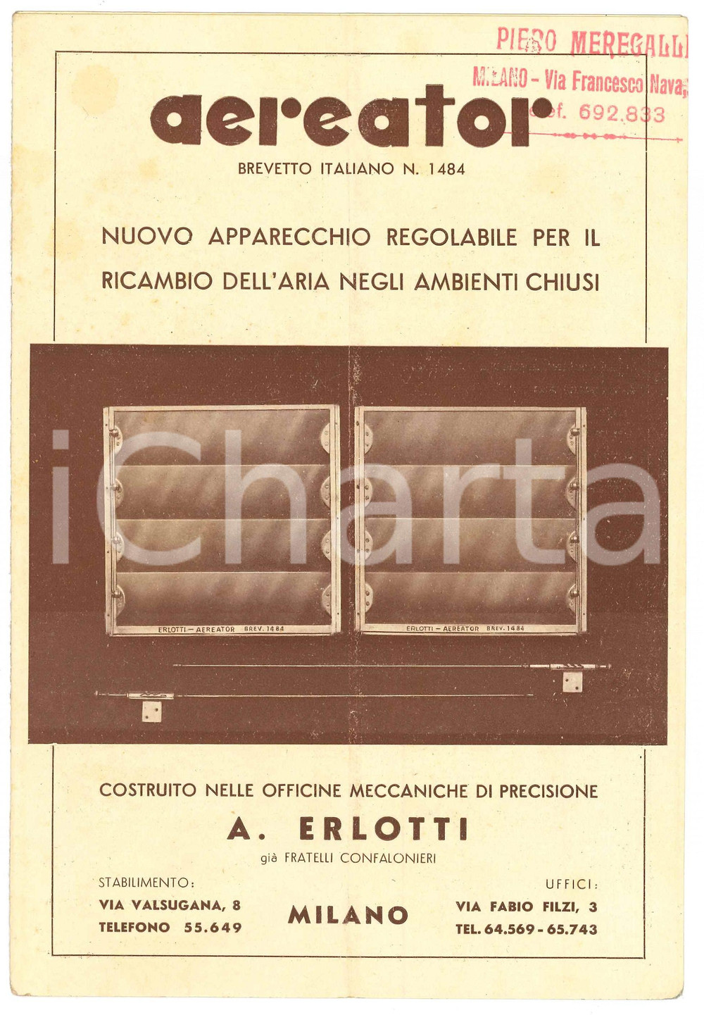 Materiale pubblicitario d’epoca 1938 MILANO Officine A. ERLOTTI  AERATOR Apparecchio ricambio aria Pieghevole 1