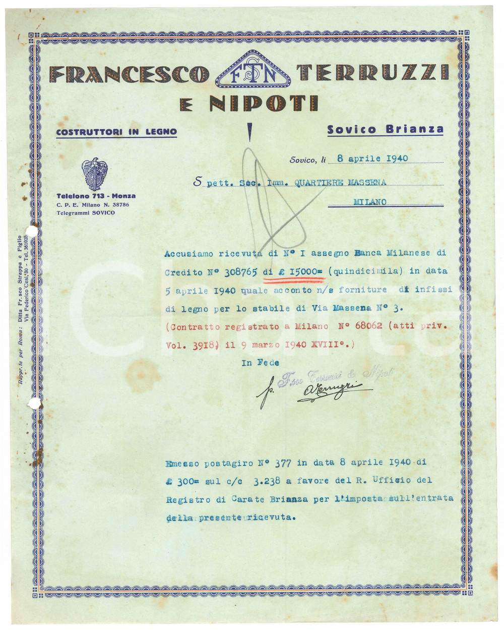 Manoscritto, lettera originale 1940 SOVICO BRIANZA Francesco TERRUZZI Costruttori in legno Ricevuta 1