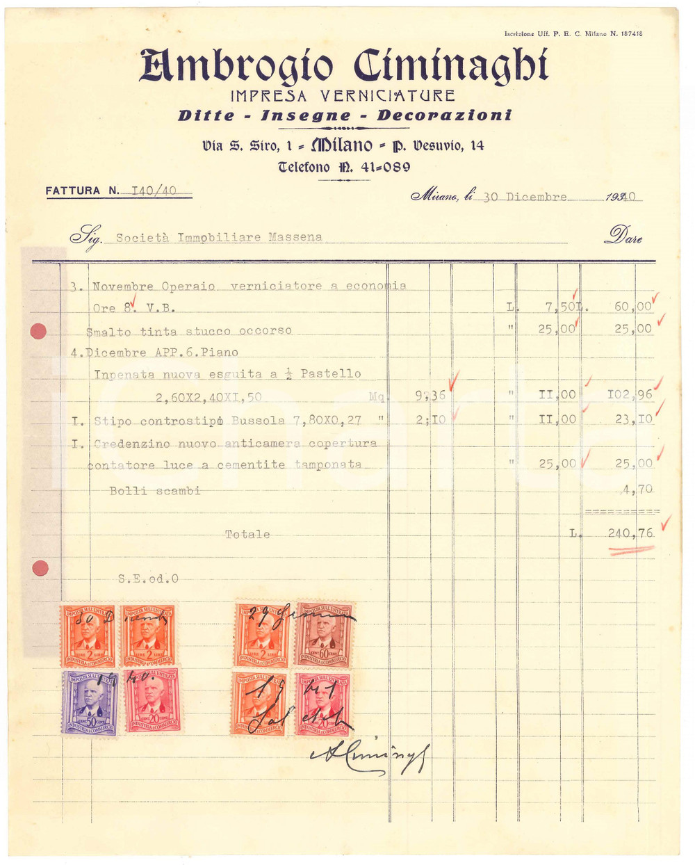 Documento originale, autentico 1940 MILANO Via S. Siro  Ambrogio CIMINAGHI Impresa Verniciature  Fattura 1