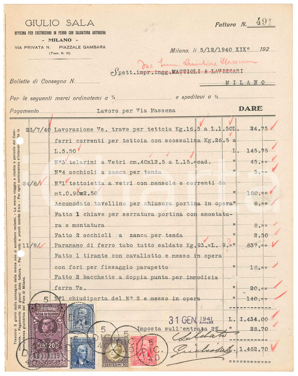 Documento originale, autentico 1940 MILANO Piazzale Gambara  Giulio SALA Costruzioni in ferro  Fattura 1