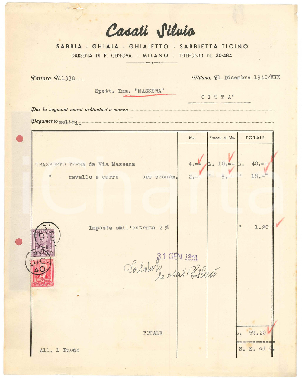 Documento originale, autentico 1940 MILANO Darsena PORTA GENOVA  Silvio CASATI sabbia e ghiaia  Fattura 1