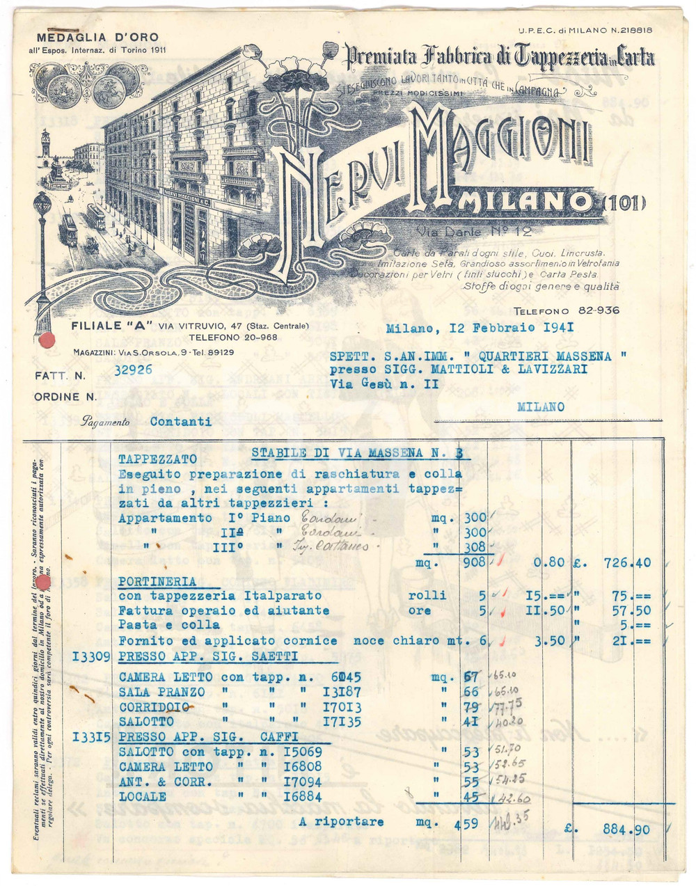 Documento originale, autentico 1941 MILANO Via Dante  Fabbrica NERVI MAGGIONI Tappezzeria in carta  Fattura 1