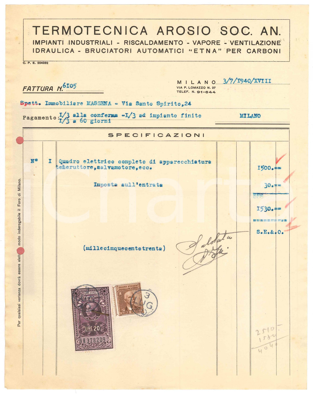 Documento originale, autentico 1940 MILANO via Lomazzo 27  Termotecnica AROSIO  Fattura quadro elettrico 1