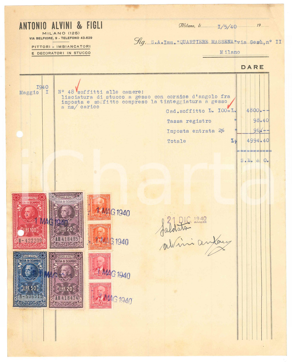 Documento originale, autentico 1940 MILANO Imbianchino Antonio Alvini e figli  Fattura 22x28 cm 1