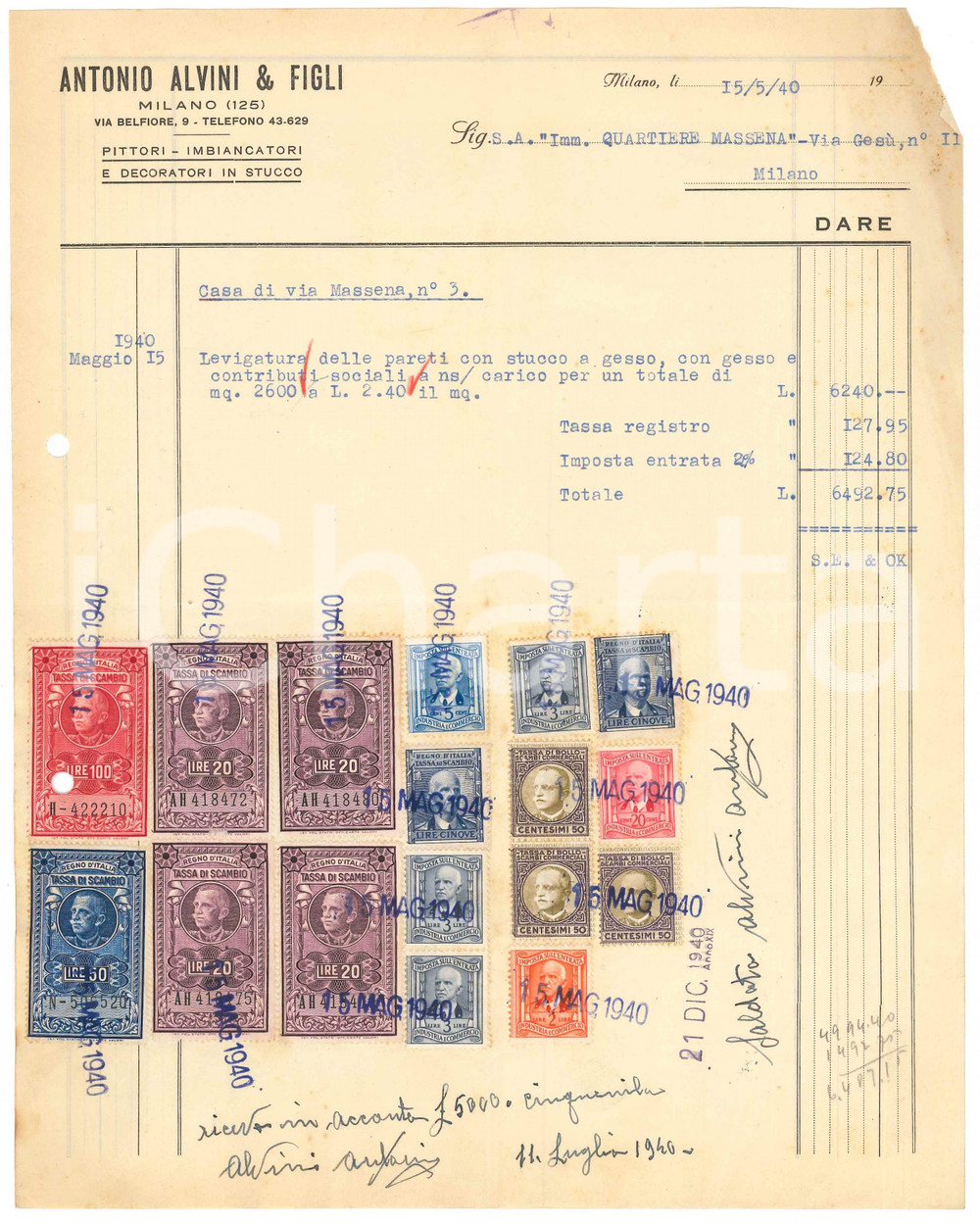 1940 MILANO Imbianchino Antonio Alvini e figli - Fattura per casa in Via Massena