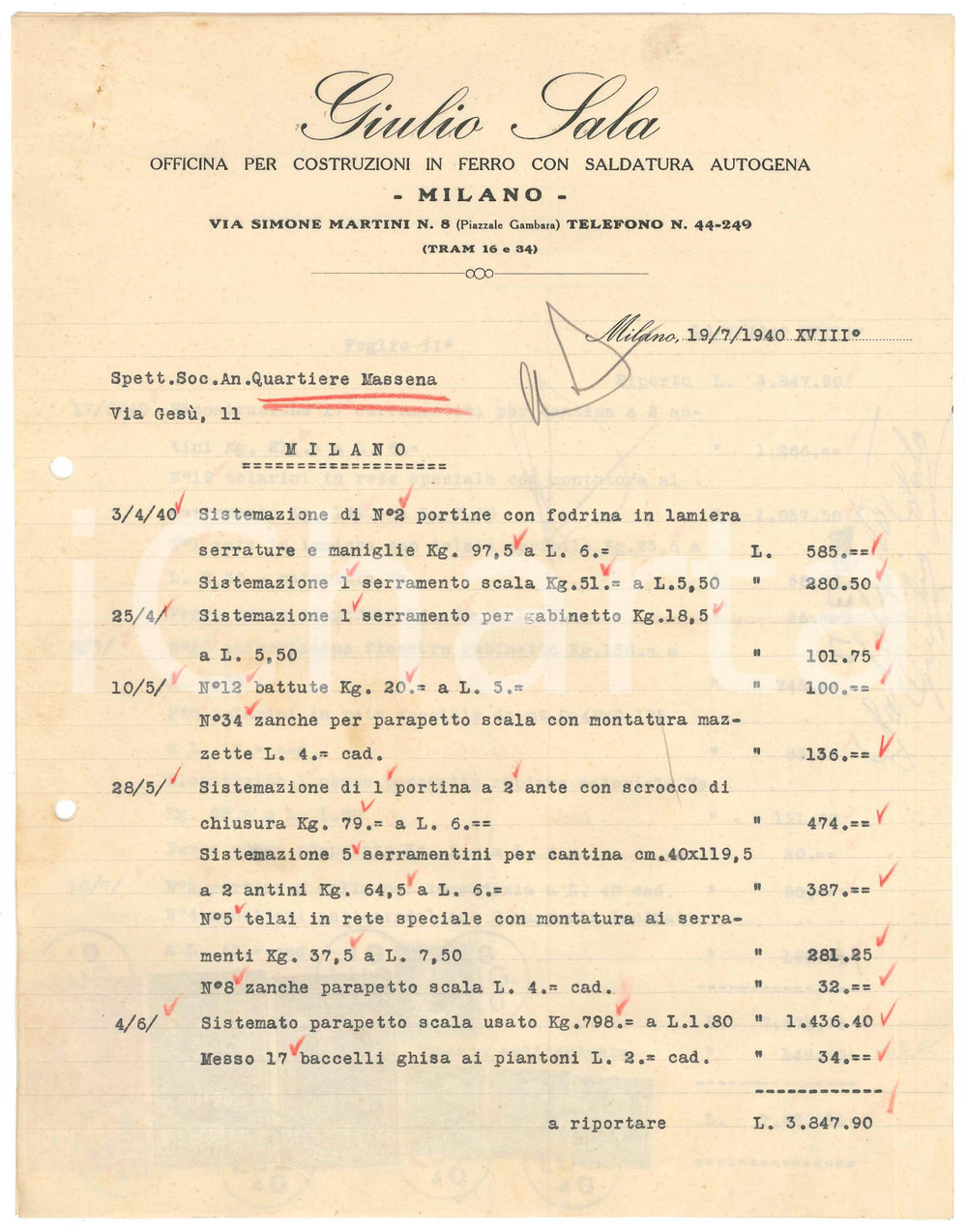 Documento originale, autentico 1940 MILANO Saldatore Giulio Sala  Fattura per casa in Via Gesù 11  22x28 cm 1