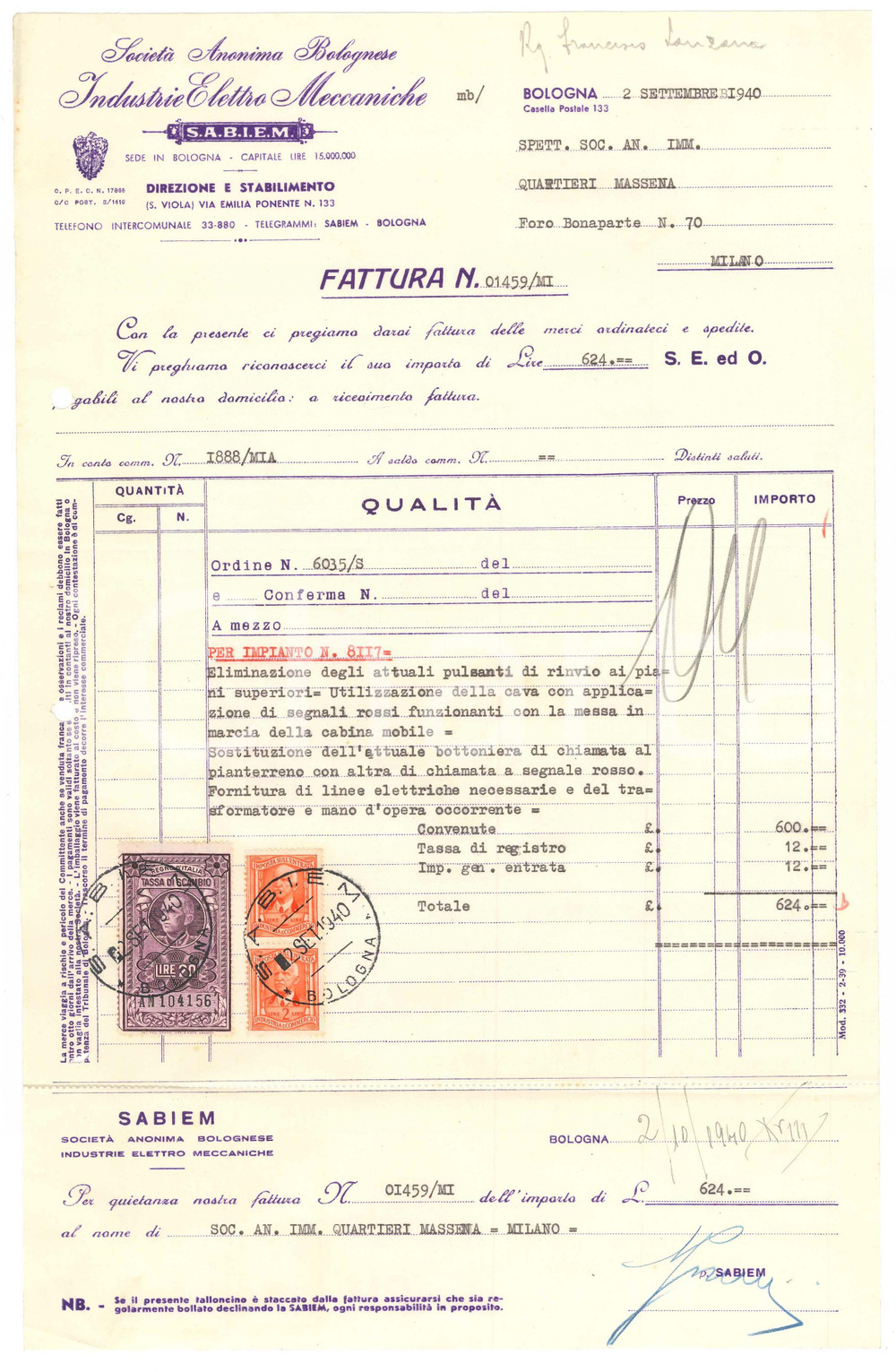 1940 BOLOGNA Industrie elettro meccaniche SABIEM Ascensori - Fattura 22x33 cm Fattura d'epoca.Con marche da bollo.  FAIR/discreto Piegature d'epoca, fori da classificatore Formato: 22x33  cm originale e autentica 1