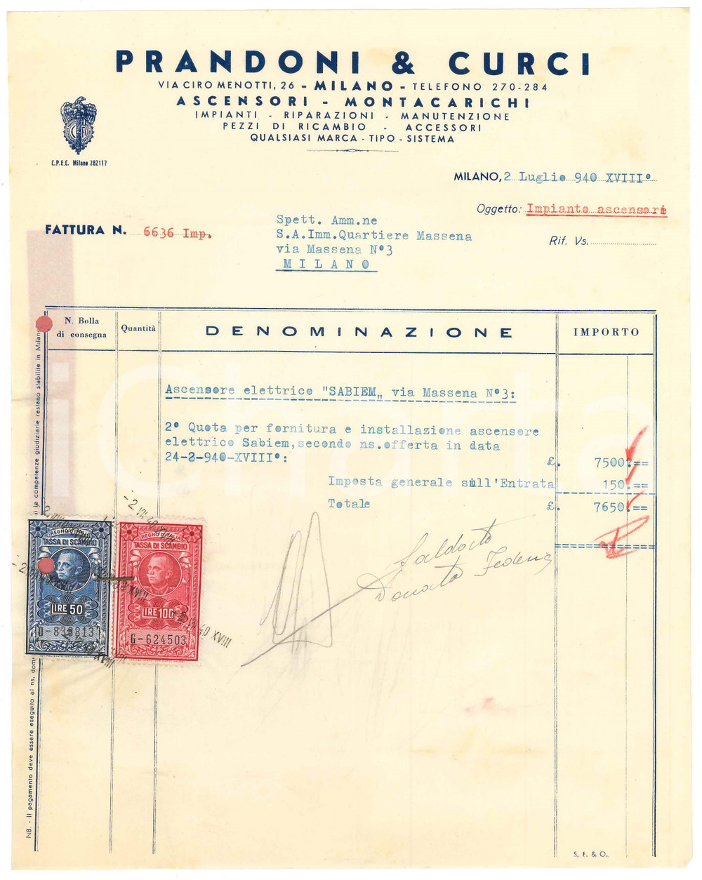 Documento originale, autentico 1940 MILANO Ascensori PRANDONI E CURCI Fattura per ascensore SABIEM 22x28 cm 1