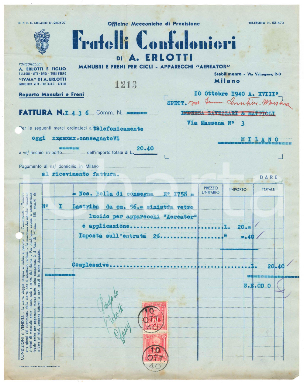 Documento originale, autentico 1940 MILANO Fratelli Confalonieri  Apparecchi AERATOR Fattura 22x28 cm 1