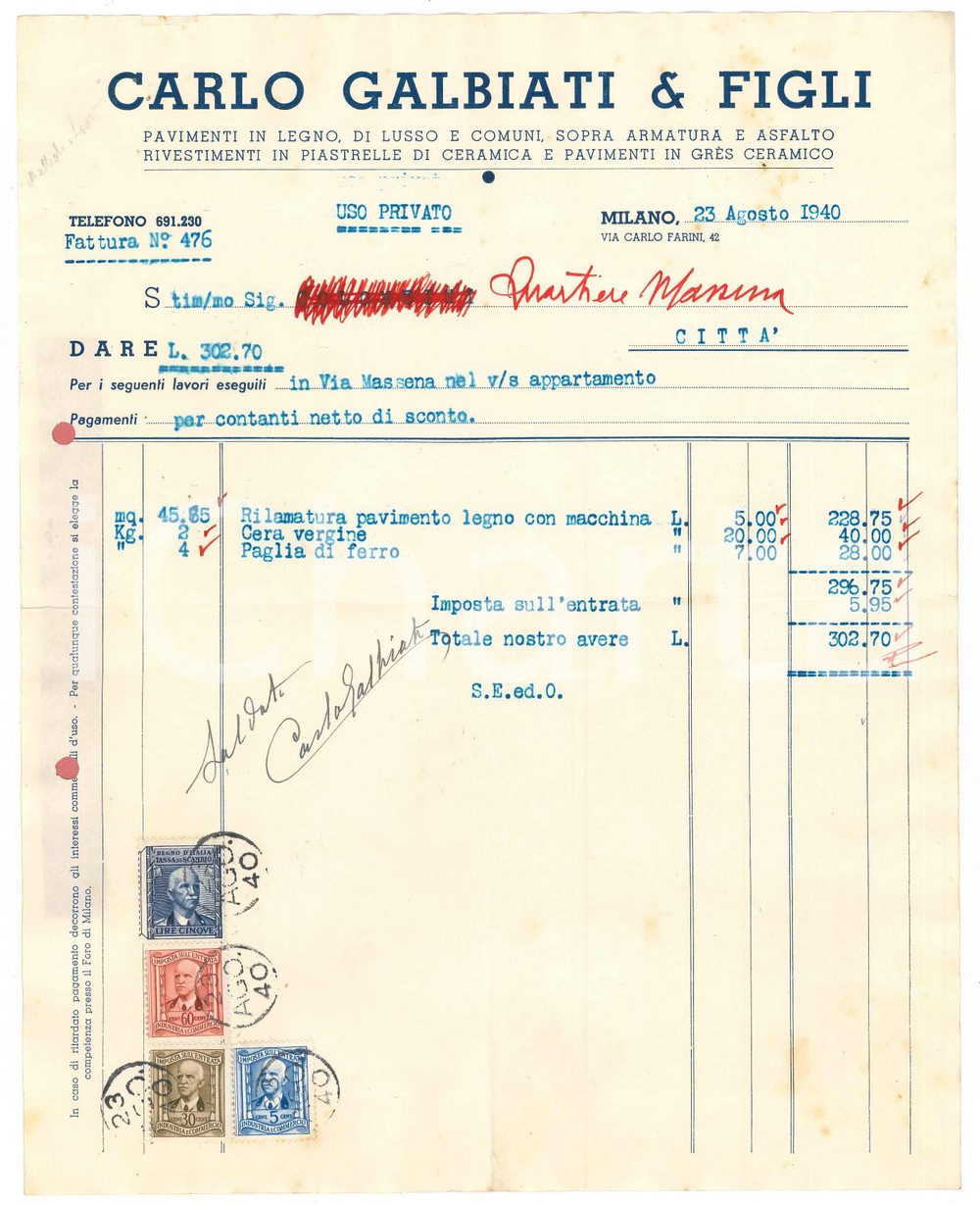 Documento originale, autentico 1940 MILANO Carlo Galbiati e figli  Pavimenti in legno  Fattura 22x28 cm 1