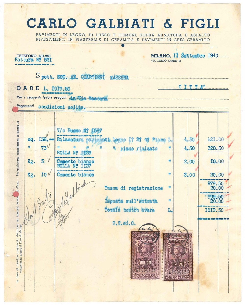 Documento originale, autentico 1940 MILANO Carlo Galbiati e figli  Pavimenti in legno  Fattura 22x28 cm 1 1
