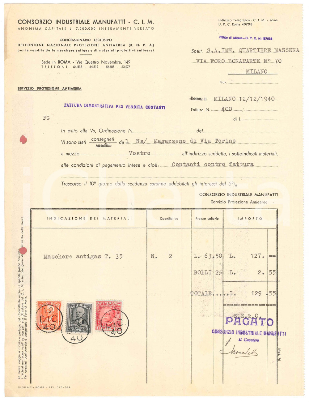 1940 MILANO Consorzio Industriale Manufatti CIM Fattura per maschere antigas