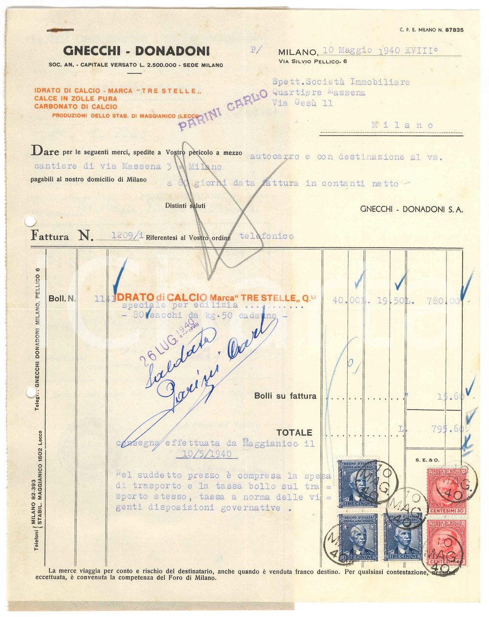 Documento originale, autentico 1940 MILANO Idrato di calcio GNECCHI  DONADONI Marca tre stelle  Fattura 22x28 1