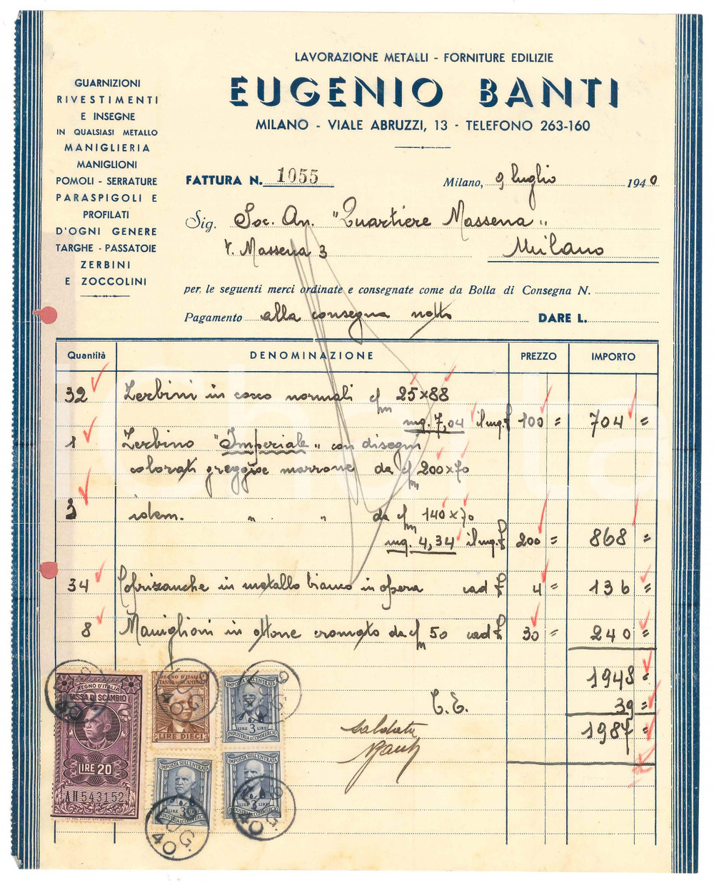 Documento originale, autentico 1940 MILANO Ditta Eugenio BANTI Fattura per zerbini 21x27 cm 1