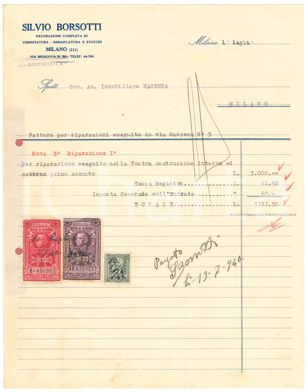 Documento originale, autentico 1940 MILANO via Buonarroti  Silvio BORSOTTI Imbiancatura e stucchi  Fattura 1