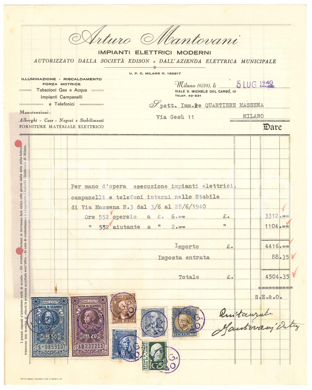 Documento originale, autentico 1940 MILANO  Arturo MANTOVANI Impianti elettrici moderni  EDISON Fattura 1