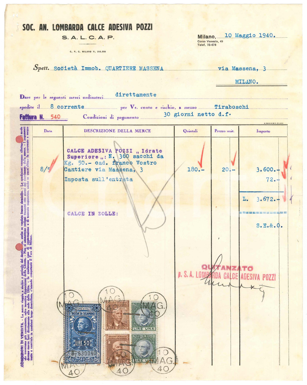 Documento originale, autentico 1940 MILANO Corso Venezia 49  Soc. An. Lombarda Calce Adesiva Pozzi  Fattura 1