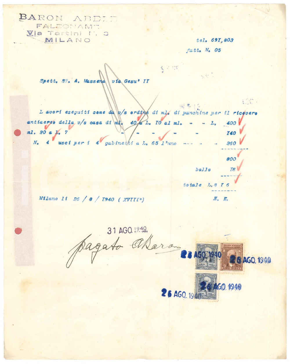 Documento originale, autentico 1940 MILANO via Tartini  Abele BARON Falegname  Fattura rifugio antiaereo 1