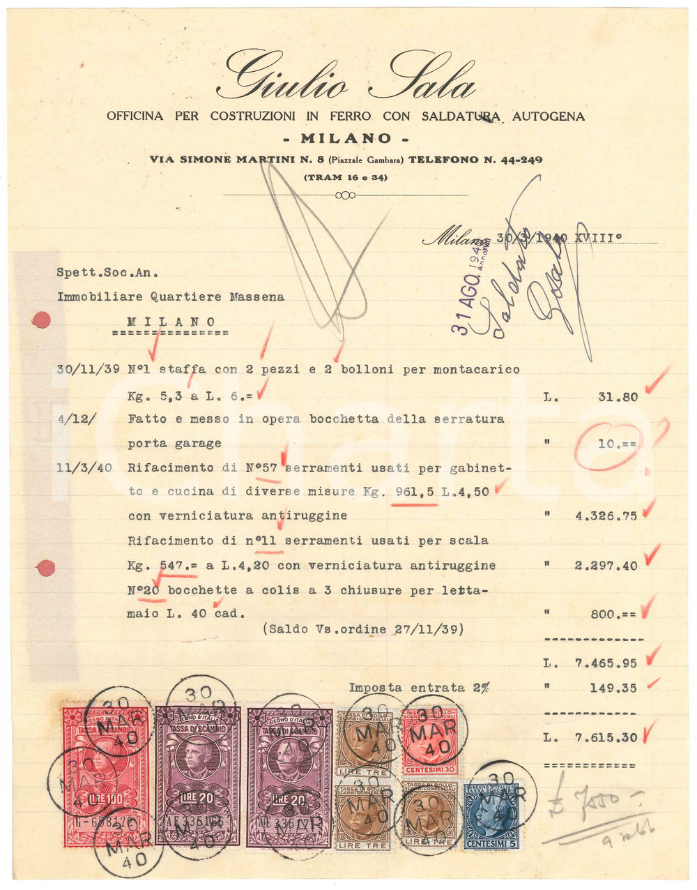 Documento originale, autentico 1940 MILANO Piazzale Gambara  Giulio SALA Costruzioni in ferro Fattura 1