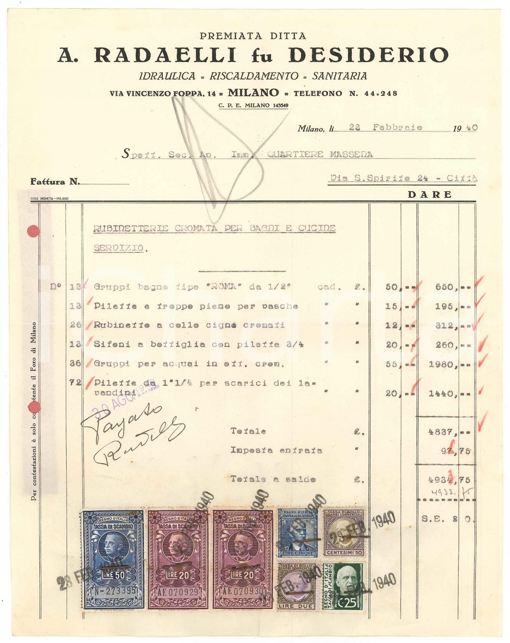 1940 MILANO via Foppa - A. RADAELLI fu Desiderio Idraulica ^Fattura rubinetterie Fattura d'epoca dattiloscritta, su carta intestata.PAGINE: 1 POOR/danneggiato piegature d'epoca; fori da classificatore  originale e autentica 1