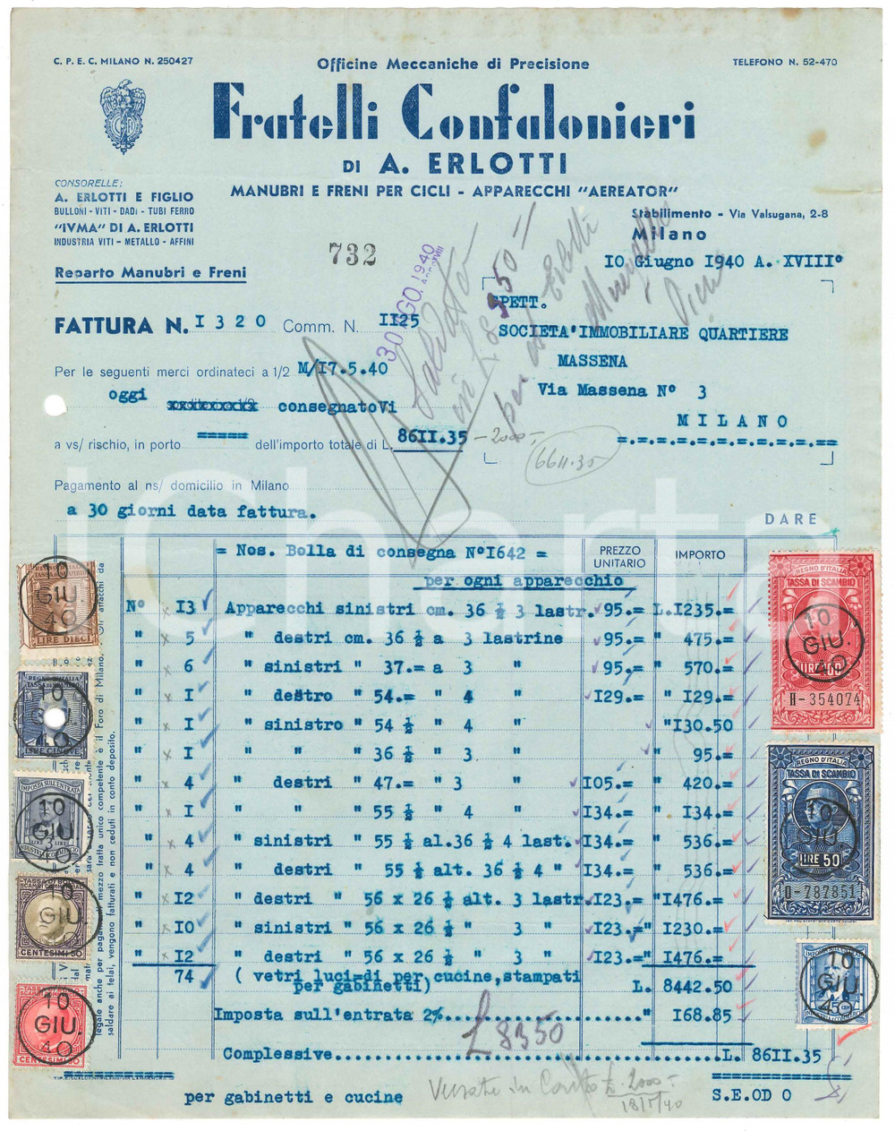 Documento originale, autentico 1940 MILANO Via Valsugana  Fratelli CONFALONIERI di A. ERLOTTI Fattura 1