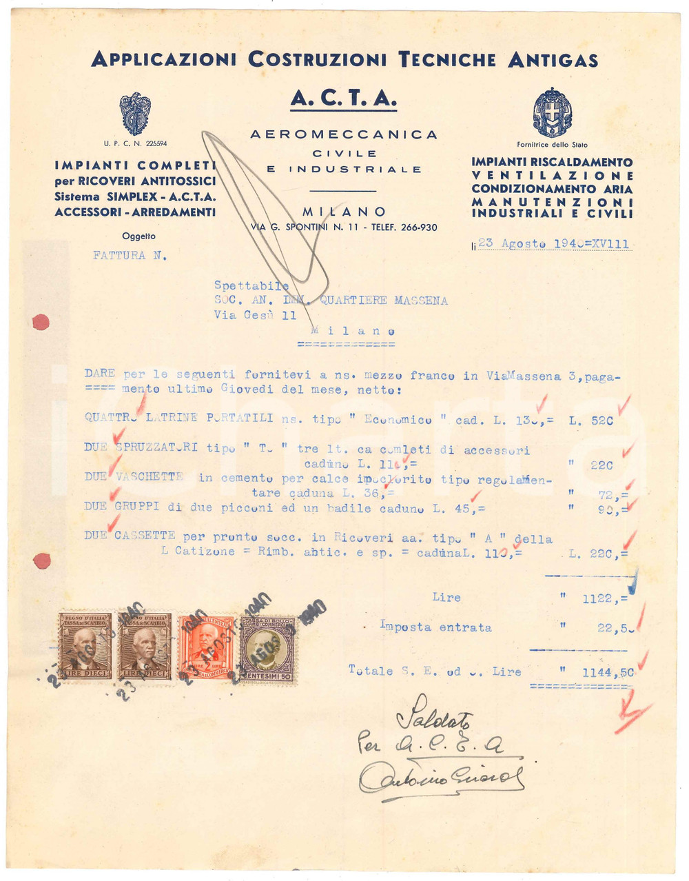 Documento originale, autentico 1940 MILANO Via Spontini  A.C.T.A. Applicazioni antigas  Impianti Fattura 1