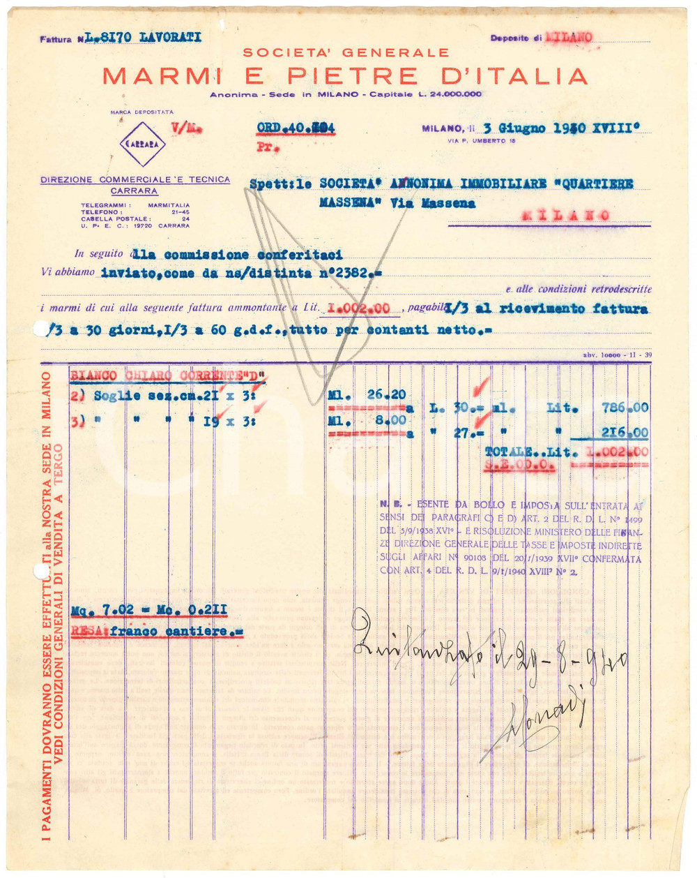 Documento originale, autentico 1940 MILANO Via P. Umberto 18  SocietÃ  MARMI E PIETRE D ITALIA Fattura 1
