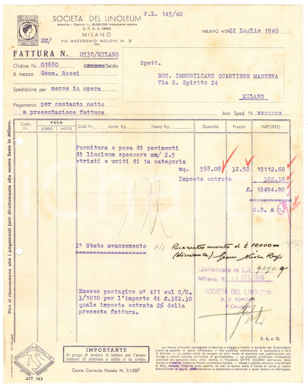 Documento originale, autentico 1940 MILANO Via Macedonio Melloni 28  SocietÃ  del Linoleum Fattura 1