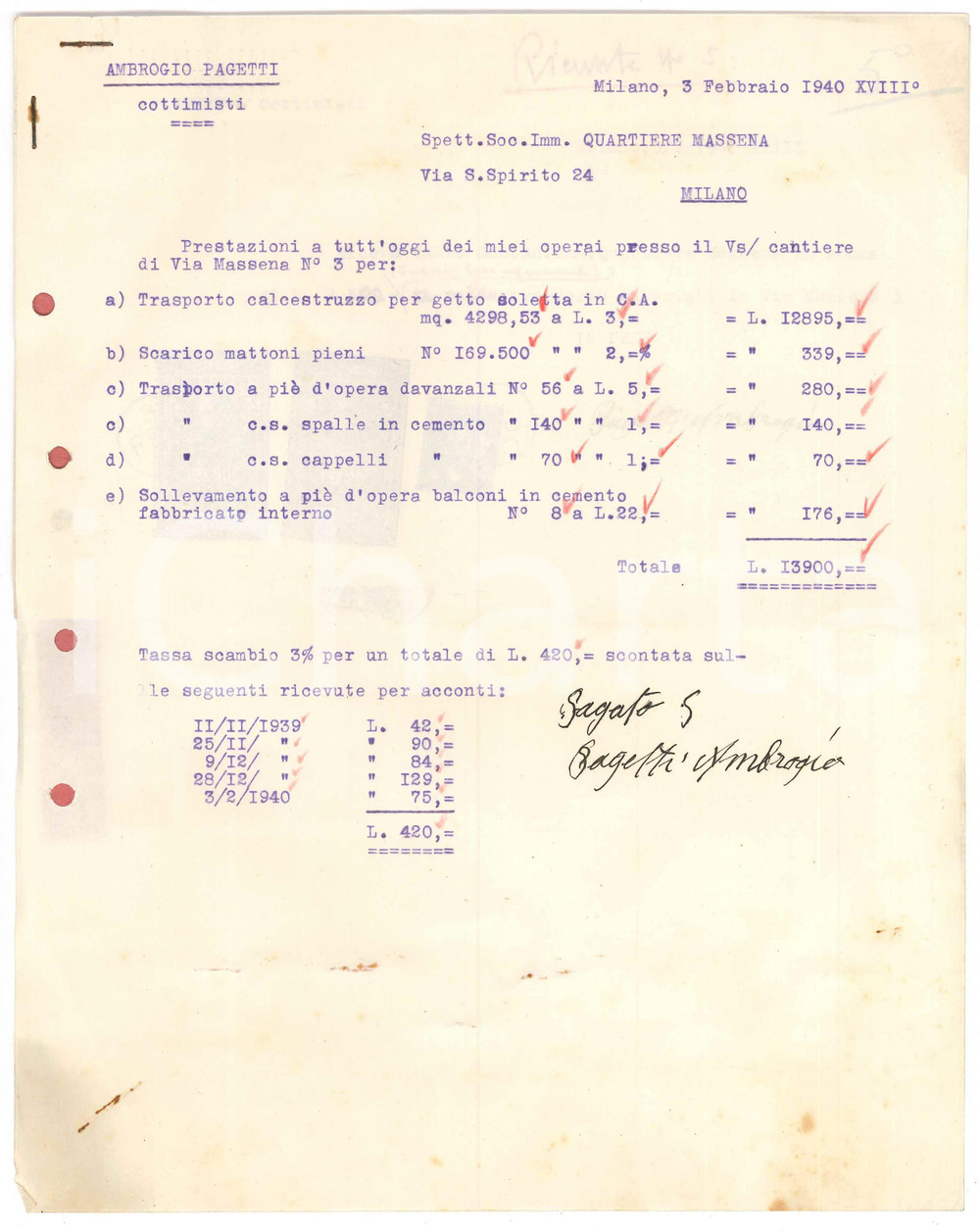 1940 MILANO - Ambrogio PAGETTI cottimisti - Fattura per operai in cantiere
