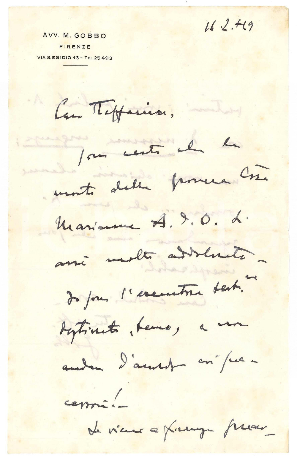 Autografo originale 1949 FIRENZE Avv. Mario GOBBO in morte di una conoscente Autografo 1