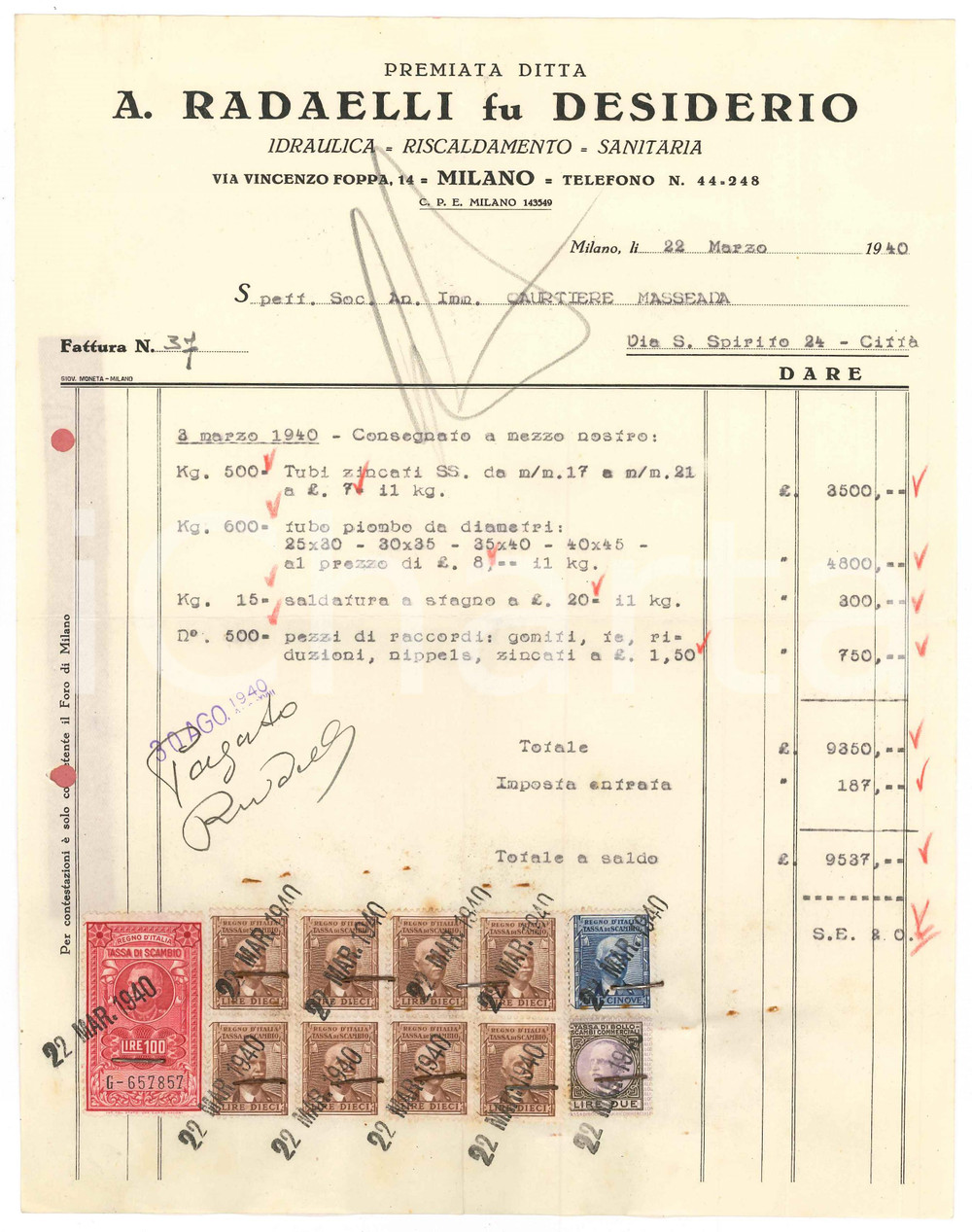 Documento originale, autentico 1940 MILANO via Foppa  A. RADAELLI fu Desiderio Idraulica Fattura tubi 1