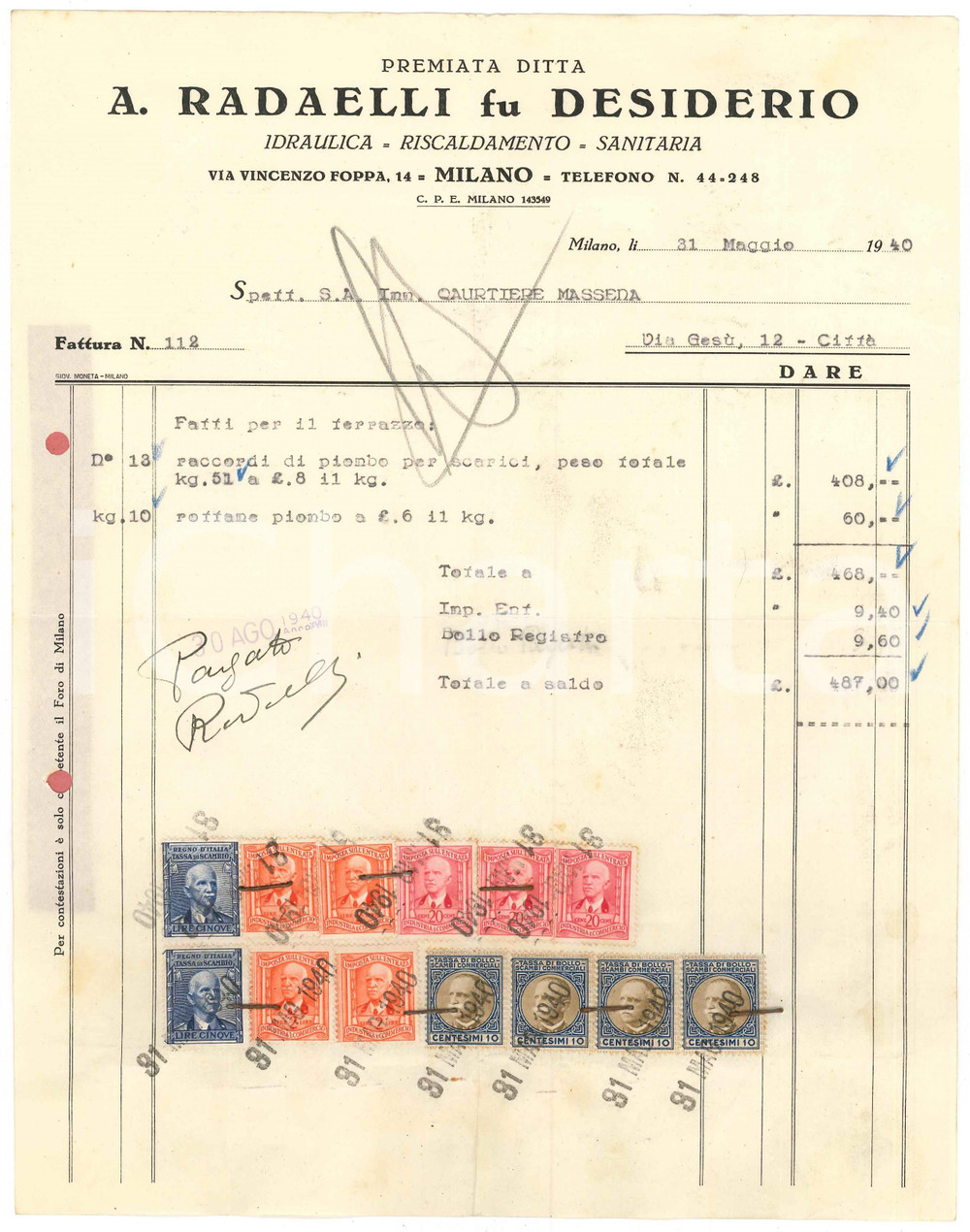 Documento originale, autentico 1940 MILANO via Foppa  A. RADAELLI fu Desiderio Idraulica Fattura manufatti 1