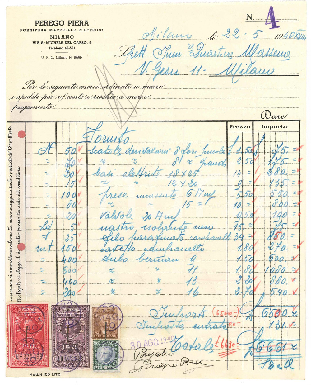 Documento originale, autentico 1940 MILANO via S. Michele del Carso  Piera PEREGO materiale elettrico Fattura 1