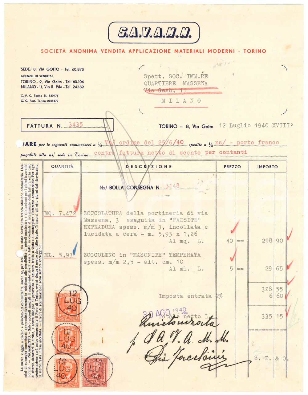 Documento originale, autentico 1940 TORINO Via Goito  S.A.V.A.M.M. Materiali Fattura zoccolino 1