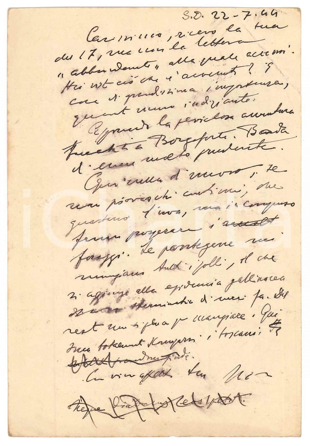 Autografo originale 1944 SAN DANIELE DEL FRIULI Vincenzo MANZINI  Pioggia in campagna Autografo 1