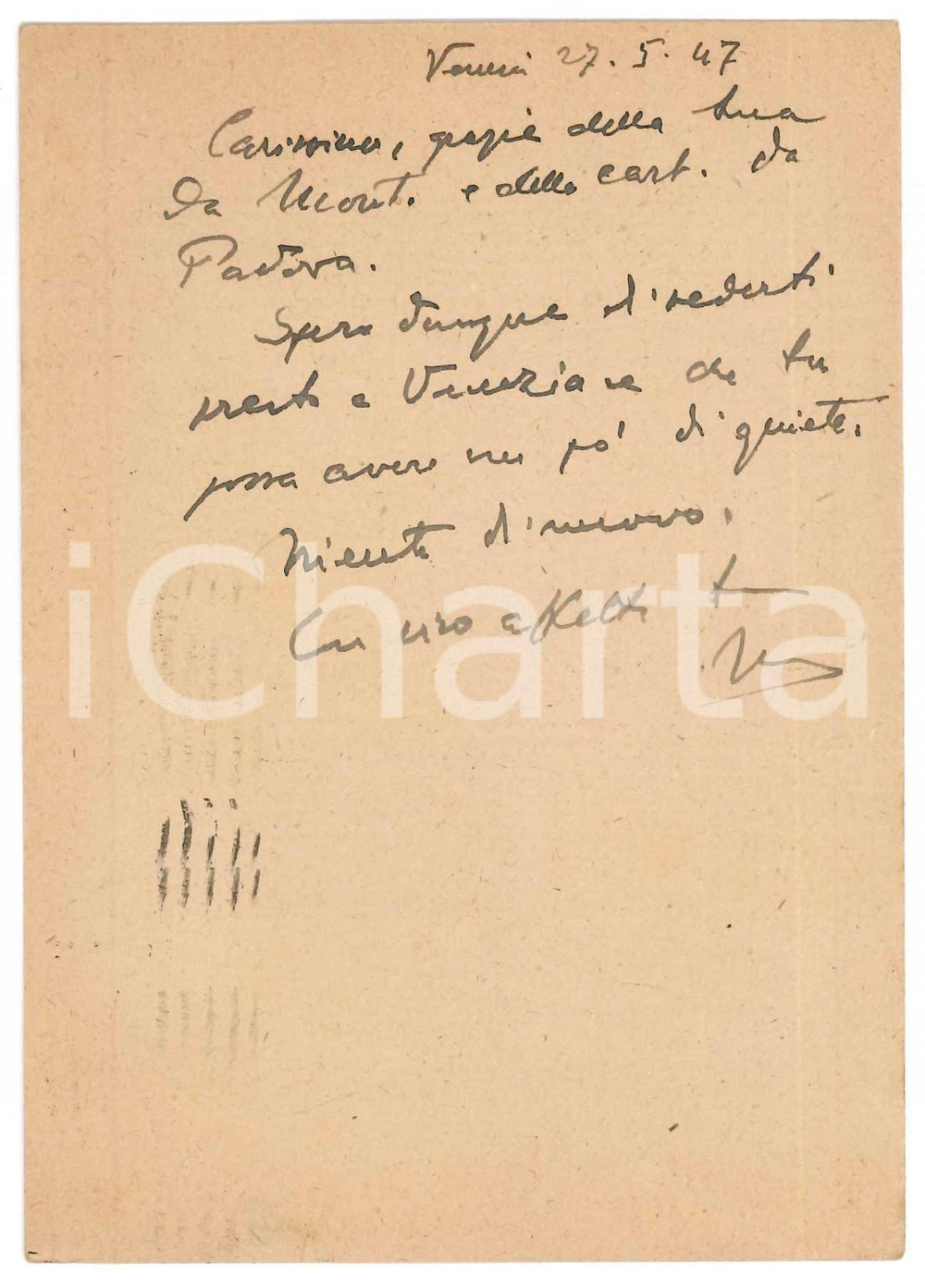 Autografo originale 1947 VENEZIA Cartolina Vincenzo MANZINI in attesa di un amico  Autografo 1